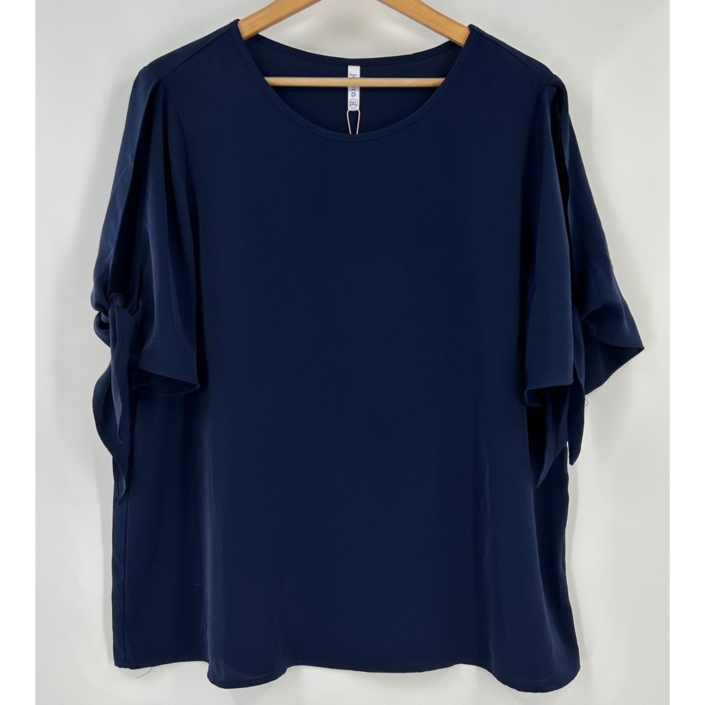 Jouica Womens 2XL Navy Blue Split Tie Sleeve Round‎ Neck Blouse Top NWT
